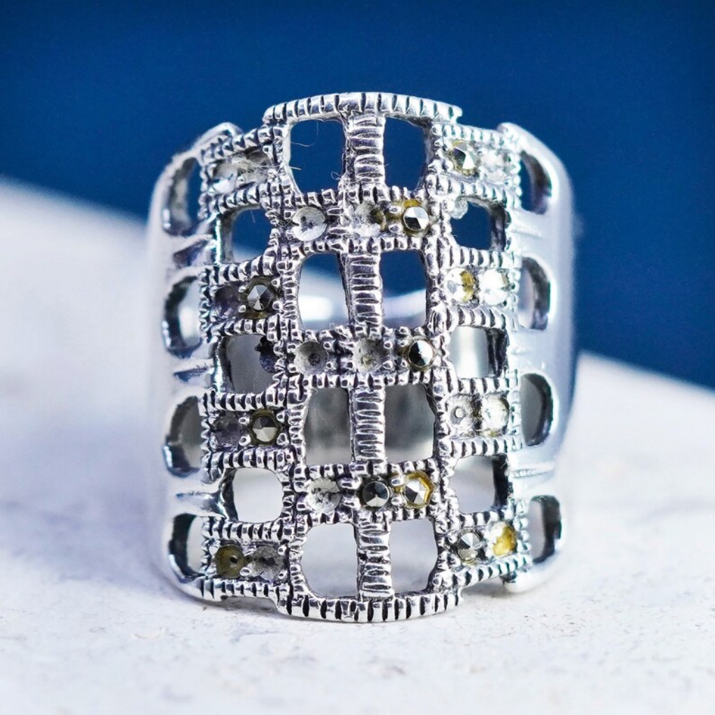 Vintage Sterling Silver Handmade Ring, 925 Band With Marcasite, Stamped 925